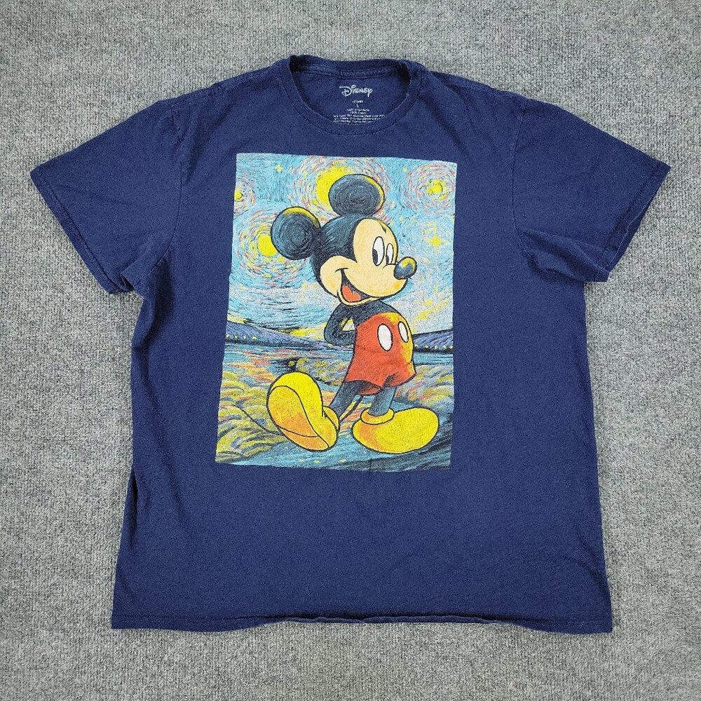 Disney Shirt Women's Large Blue Mickey Mouse Van Gogh Style Short Sleeve Adult L